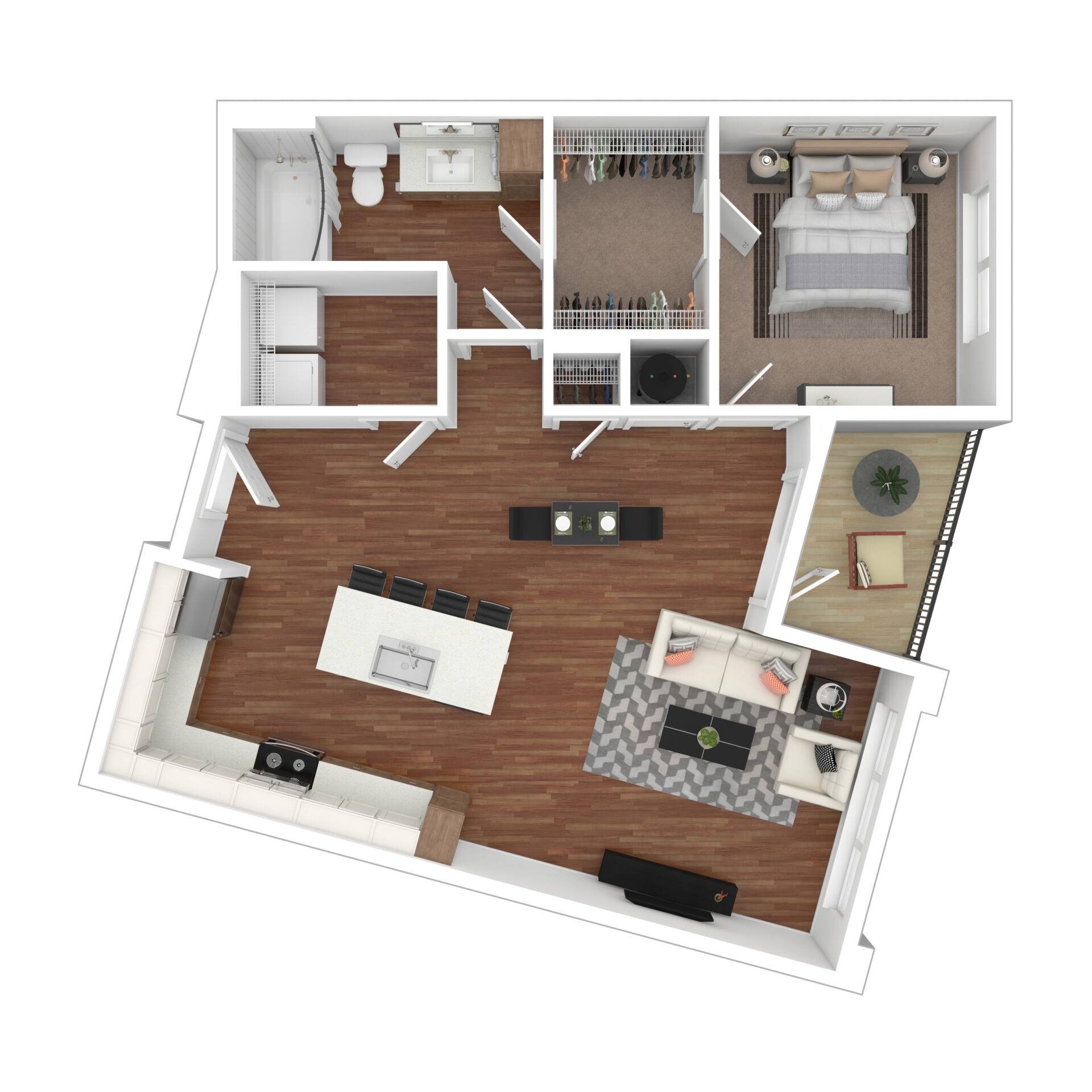 A neatly arranged bedroom with a double bed featuring a beige and gray striped bedspread and matching pillows.